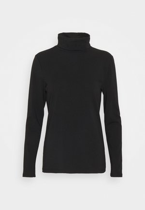 Camisa negra de manga larga con cuello alto hecha de tela suave. Presenta un cuello alto enrollado y una silueta ajustada. Sin estampados ni elementos visibles.