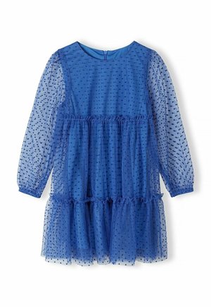 Blaues Tüllkleid mit langen Ärmeln, gestuften Rüschen am Saum und rundem Ausschnitt. Verfügt über ein durchgängiges gepunktetes Muster und einen Reißverschluss am Rücken.