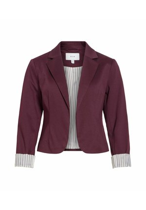 Blazer bordeaux au design structuré, doté de manches longues et d'une doublure intérieure rayée blanche. Les poignets sont retroussés, révélant le motif rayé.