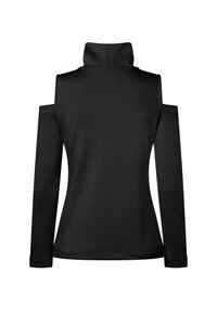 Schwarzer Pullover mit hohem Kragen, Off-Shoulder-Design, langen Ärmeln und taillierter Silhouette, gefertigt aus einem glatten, weichen Material.