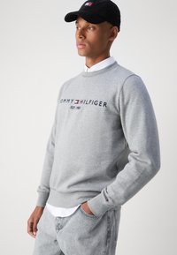 Pelēks kapuci krekls ar ribotām piedurknēm, ar "TOMMY HILFIGER" logotipu un dibināšanas gadu. Apvienots ar baltu krekli ar apkakli un cepuri.
