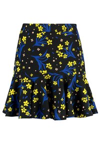 Gonna nera svasata con motivo floreale di fiori gialli e foglie azzurre. Tessuto morbido con una leggera lucentezza, senza elementi visibili di metallo.