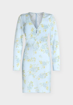 Világoskék hosszú ujjú ruha sárga és kék virágmintával. V-nyak, hátul rejtett cipzárral.