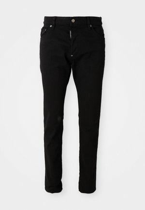 Black denim trousers with a straight fit, featuring front and back pockets, button closure, and minimalist design.