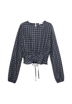Top court à manches longues avec un motif à carreaux bleu et noir, taille froncée, détail de cordon de serrage et encolure ronde. Texture du tissu lisse.