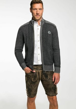 Grau gestrickte Strickjacke mit Reißverschluss, gerippten Manschetten und einem dekorativen Patch. Kombiniert mit braunen Leder-Shorts mit geprägten Details.