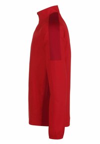 Rote Jacke mit hohem Kragen, langen Ärmeln und seitlichen Netzpaneelen. Glattes Material, mit Reißverschluss vorn und elastischen Bündchen für einen enganliegenden Look.