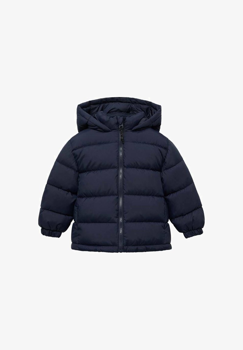 Temno moder napihljiv plašč s kapuco, sprednjim zadrgo in elastičnimi manšeti, zasnovan za toploto in nošenje na prostem.