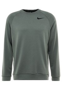 Oliwkowa bluza Nike z długim rękawem, okrągłym dekoltem i czarnym logo na górnej lewej stronie. Miękki materiał o gładkiej strukturze.