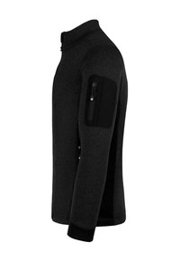 Schwarze Fleecejacke mit hohem Kragen, Reißverschluss vorne und einer Reißverschlusstasche am Oberarm. Verfügt über strukturierten Stoff und einfarbige schwarze Akzente.