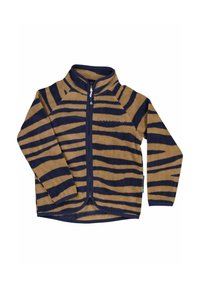 Fleecejacka med en beige bas och marinblå tigerställer. Har dragkedja fram, hög krage och ribbade ärmslut. Mjuk textur.