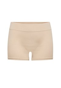 Beige naadloze shorts met een zachte textuur, een mid-rise tailleband en minimale stikdetails, ontworpen voor comfort en flexibiliteit.