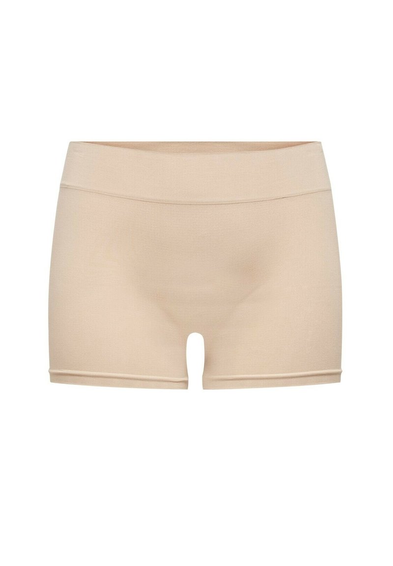 Beige naadloze shorts met een zachte textuur, een mid-rise tailleband en minimale stikdetails, ontworpen voor comfort en flexibiliteit.