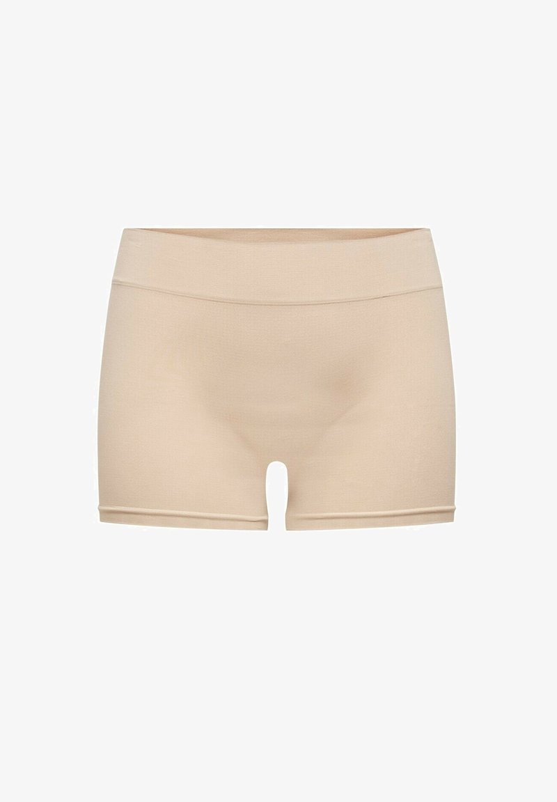 Beige naadloze shorts met een zachte textuur, een mid-rise tailleband en minimale stikdetails, ontworpen voor comfort en flexibiliteit.