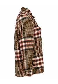 Brown and red plaid jacket featuring a collared neckline, checkered texture, two front pockets, and button accents.