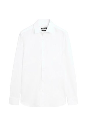 Witte lange mouwen overhemd gemaakt van een gladde stof. Heeft een klassieke kraag, knoopsluiting aan de voorkant en verstelbare manchetten. Geen patronen of accenten zichtbaar.