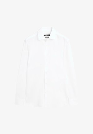 Witte lange mouwen overhemd gemaakt van een gladde stof. Heeft een klassieke kraag, knoopsluiting aan de voorkant en verstelbare manchetten. Geen patronen of accenten zichtbaar.