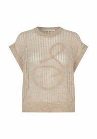 Beige pletený svetr s krátkým rukávem, který má texturovaný vzor a dekorativní smyčkový design. Lehký, volný střih.
