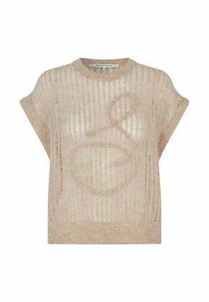 Beige pletený svetr s krátkým rukávem, který má texturovaný vzor a dekorativní smyčkový design. Lehký, volný střih.