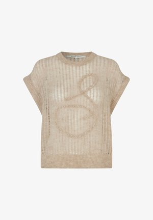 Bežs adīts džemperis ar īsām piedurknēm, ar strukturētu rakstu un dekoratīvu cilpas dizainu. Viegls, ikdienišķs piegriezums.