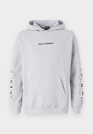 Gray hoodie made of cotton blend, featuring a kangaroo pocket, black "WALT DISNEY" text on the chest, and graphic text on the sleeves.