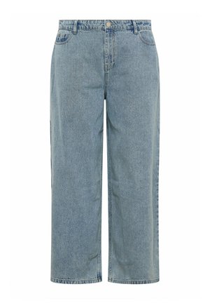 Jeans larghi in denim azzurro chiaro con chiusura frontale a bottone e zip, passanti per cintura e classica struttura a cinque tasche.