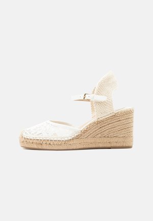 Hvit espadrille-kilehæl sandal i blonder med ankelstropp og vevd jutehæl, vist i profil mot en lys bakgrunn.
