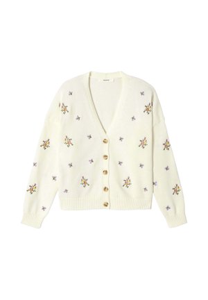 Cardigan crème avec boutons en bois et petites broderies florales violettes et jaunes dispersées sur le devant et les manches.