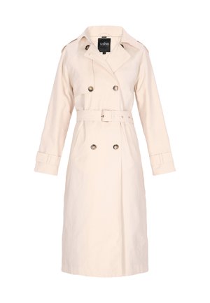 Beige trench coat with double-breasted front, silver buttons, belted waist, and shoulder epaulets. Cotton material, knee-length design.