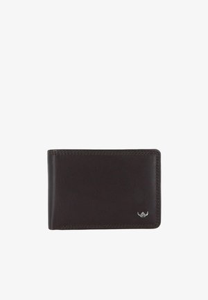 Dunkelbraune Leder-Bifold-Geldbörse mit sichtbaren Nähten und einem kleinen silbernen Emblem in der unteren rechten Ecke auf weißem Hintergrund.
