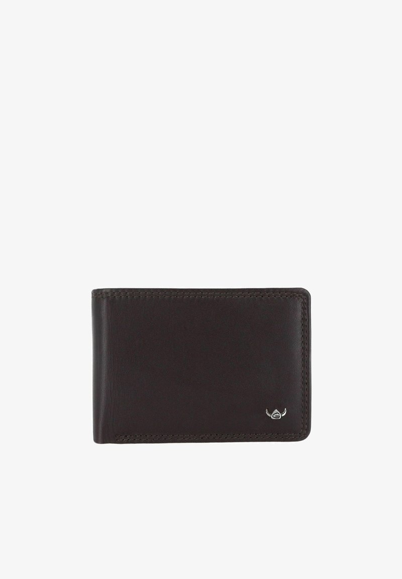 Portefeuille portefeuille en cuir brun foncé avec surpiqûres visibles et petit emblème argenté dans le coin inférieur droit sur fond blanc.