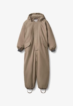 Brown, padded one-piece suit with a hood, elastic cuffs, and two front pockets. Smooth texture with a durable, water-resistant finish.