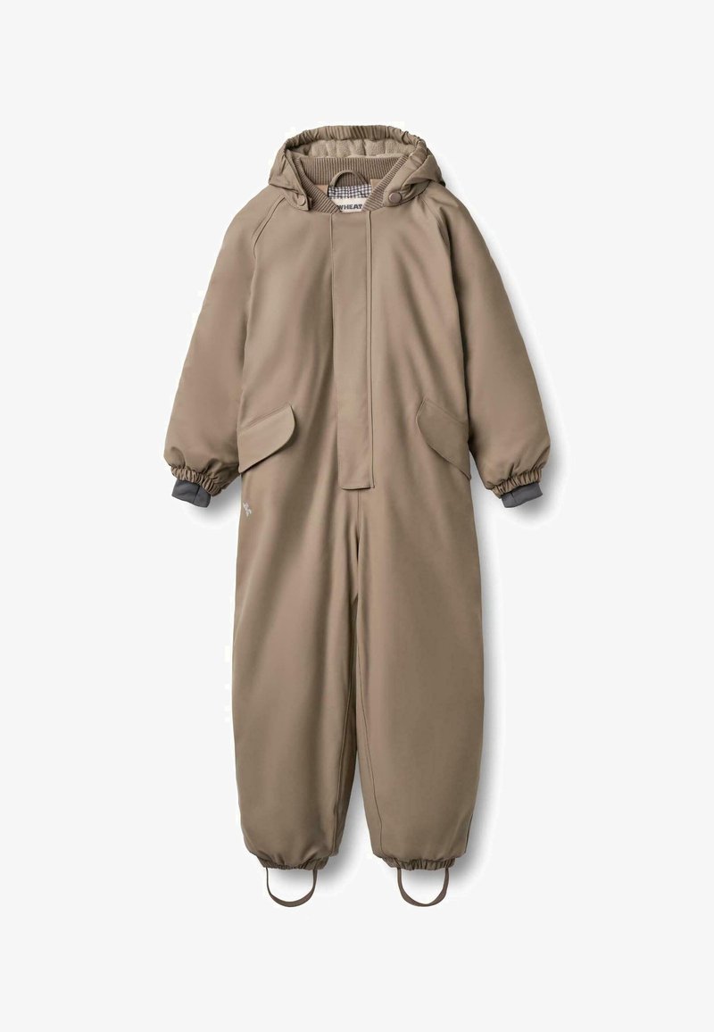 Bruine, gewatteerde onesie met capuchon, elastische manchetten en twee zijzakken. Gladde textuur met een duurzame, waterafstotende afwerking.