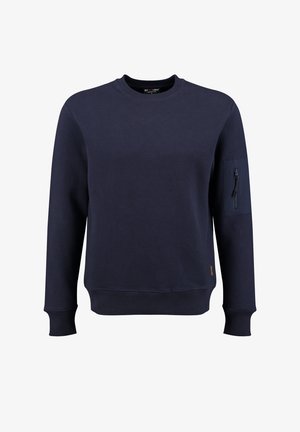 Marineblauer Langarm-Sweatshirt mit strukturiertem Muster, gerippten Bündchen und einer Reißverschlusstasche am linken Ärmel. Schlichter Rundhalsausschnitt.