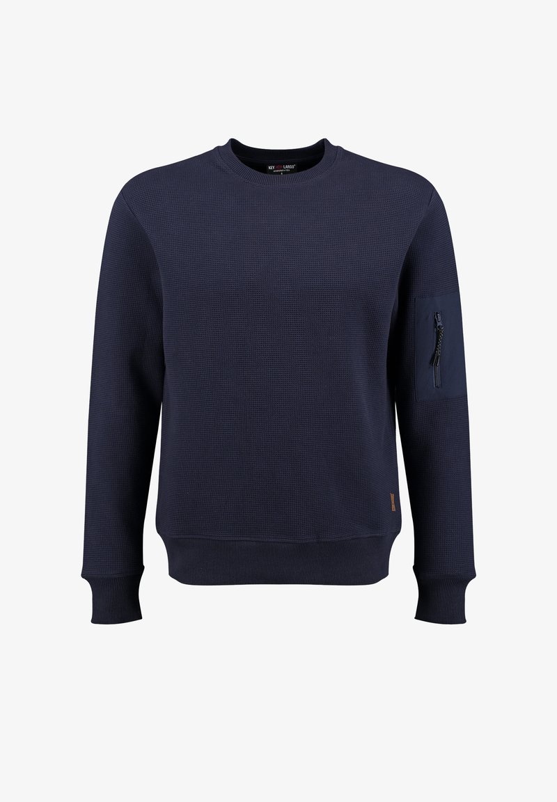 Marineblauer Langarm-Sweatshirt mit strukturiertem Muster, gerippten Bündchen und einer Reißverschlusstasche am linken Ärmel. Schlichter Rundhalsausschnitt.