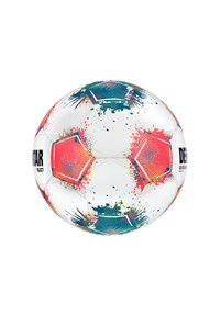 Witte voetbal met geometrische patronen in rood, blauw en groen. Heeft een textuur oppervlak en hexagonale panelen. Merk: Select.