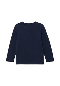 Granatowy, długi rękaw T-shirt z okrągłym dekoltem, wykonany z miękkiej bawełny. Charakteryzuje się jednolitym kolorem i minimalnym przeszyciem na brzegu i mankietach.