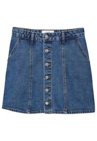 Gonna A-line in denim con chiusura frontale a bottoni, quattro tasche e un classic blue con accenti scoloriti e cuciture a contrasto.