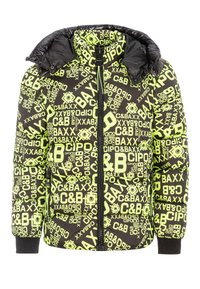 Gefütterte schwarze Jacke mit auffälligem grünen Grafiketext und Logomustern. Verfügt über einen hohen Kragen, einen Reißverschluss und gerippte Bündchen. Wasserdichtes Material.
