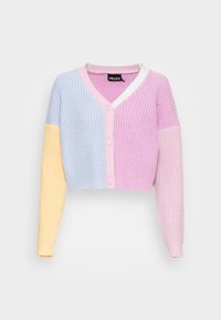 Crochet cardigan featuring a v-neck, two buttons, and a color-block design with pastel blue, pink, and yellow. Soft, textured knit fabric.