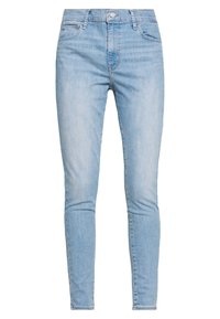 Světle modré skinny džíny vyrobené z denimu, které mají klasický pětivreckový design, zapínání na knoflík a jemné zesvětlení podél nohavic.