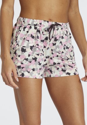 Shorts i mjuk tyg med ett flerfärgat mönster i rosa, grått och svart. De har ett elastiskt midjeband med dragsko.
