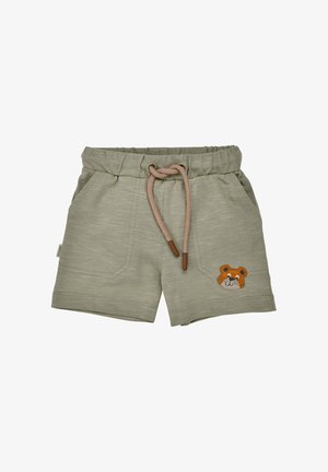 Light green toddler shorts with pink drawstring waist and a small orange tiger face patch on the front right leg.