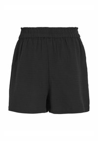 Juodi šortai, pagaminti iš lengvos medžiagos, su elastine juostos juo, pasižymintys laisvu siluetu ir smulkia tekstūra. Be kišenių ar dekoracijų.