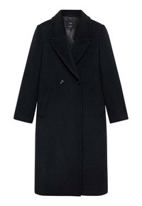 Wollen mix, knielang jasje in donker marineblauw, met een dubbelzijdig ontwerp, grote revers, twee voorzakken en een soepele binnenvoering.