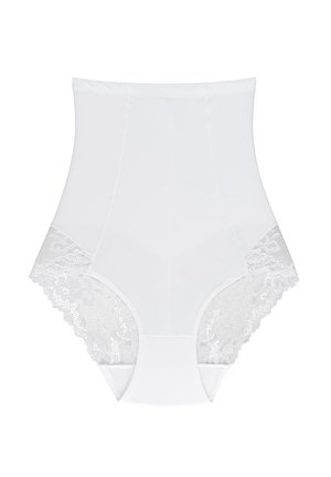 Hochgeschnittene weiße Shapewear aus glattem Stoff mit Spitzenakzenten an den Hüften, verfügt über ein nahtloses Design und eine weiche Textur.