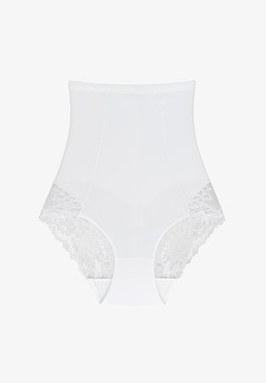 Hooggewaardeerde witte shapewear van gladde stof met kanten accenten op de heupen, met een naadloos ontwerp en een zachte textuur.