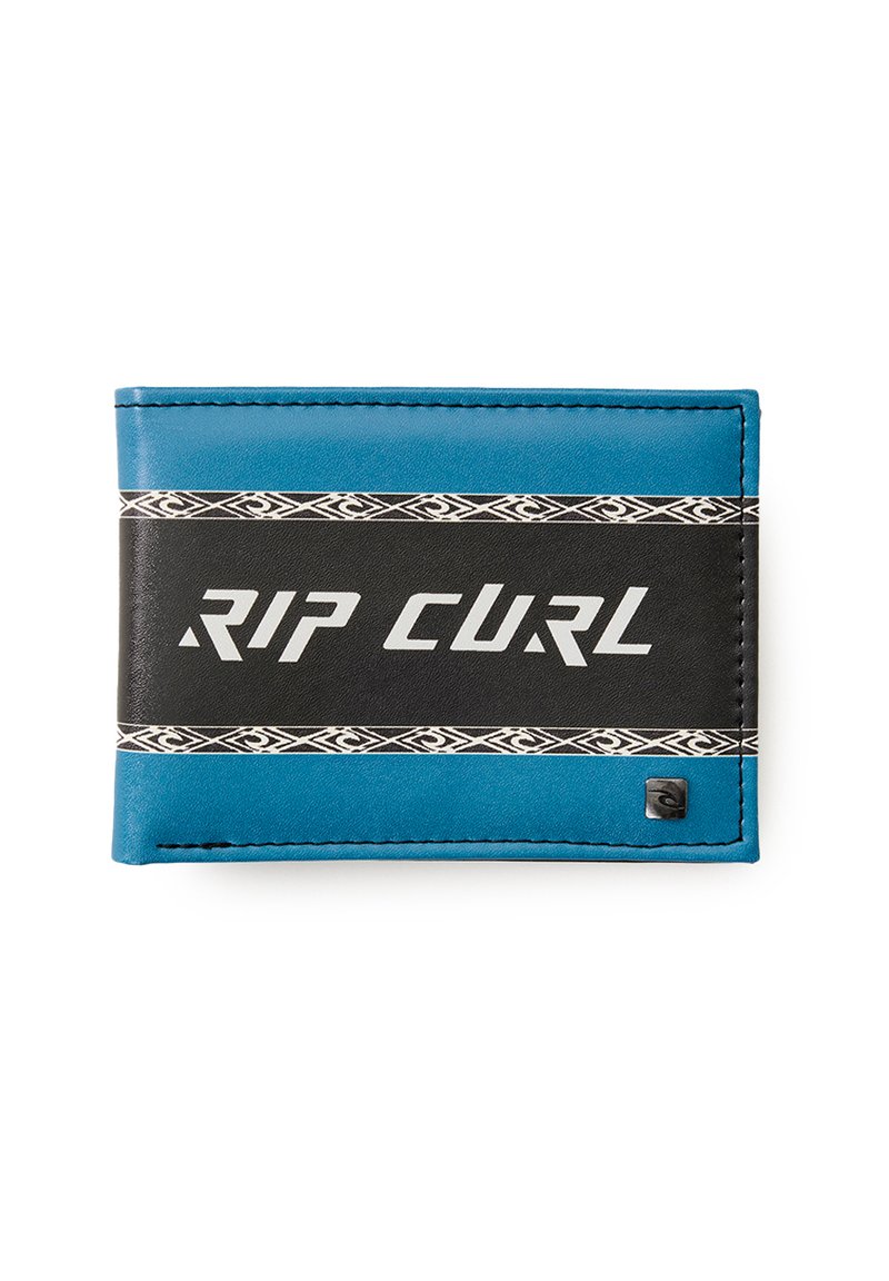 Blå og sort bifold tegnebog lavet af syntetisk materiale. Har "RIP CURL" logo, dekoreret mønstret bånd og lille logo detalje.