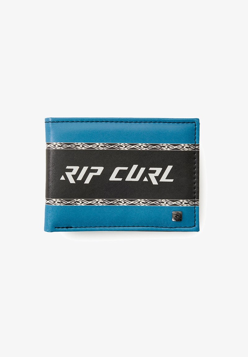 Blauer und schwarzer Bifolds Geldbeutel aus synthetischem Material. Verfügt über das "RIP CURL"-Logo, ein dekoratives, gemustertes Band und ein kleines Logo-Accent.