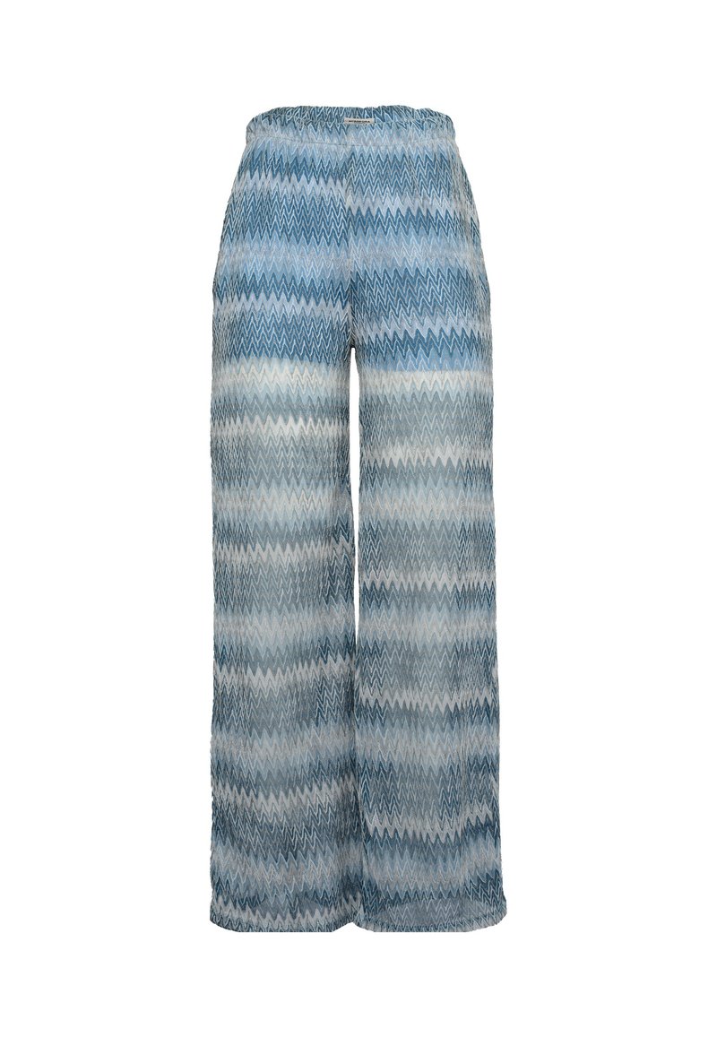 Pantaloni a gamba larga in un tessuto leggero, caratterizzati da un motivo a zigzag in diverse tonalità di blu e bianco, con una cintura elastica.